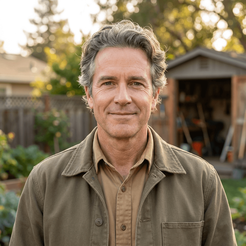 Male coach in his mid 30s standing beside a trimmer in a residential yard