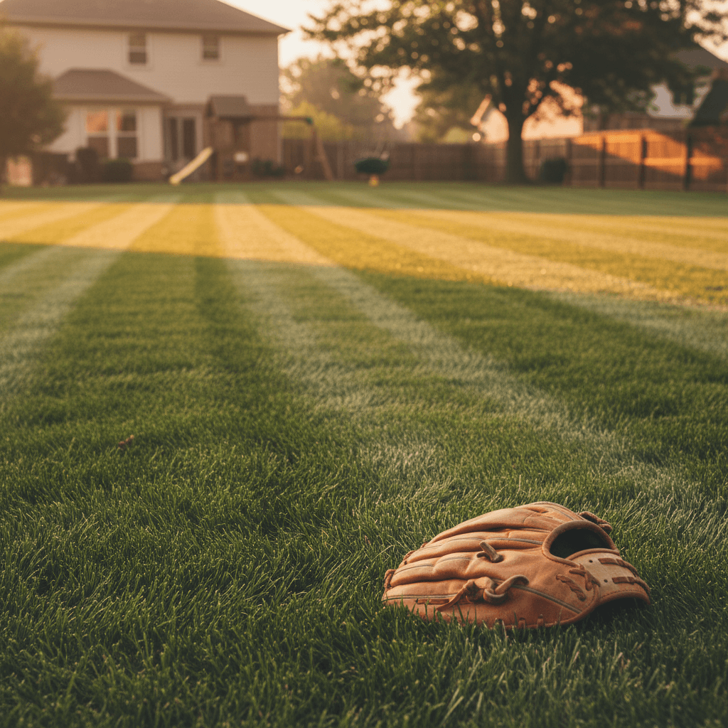 Player's glove on a freshly striped green lawn