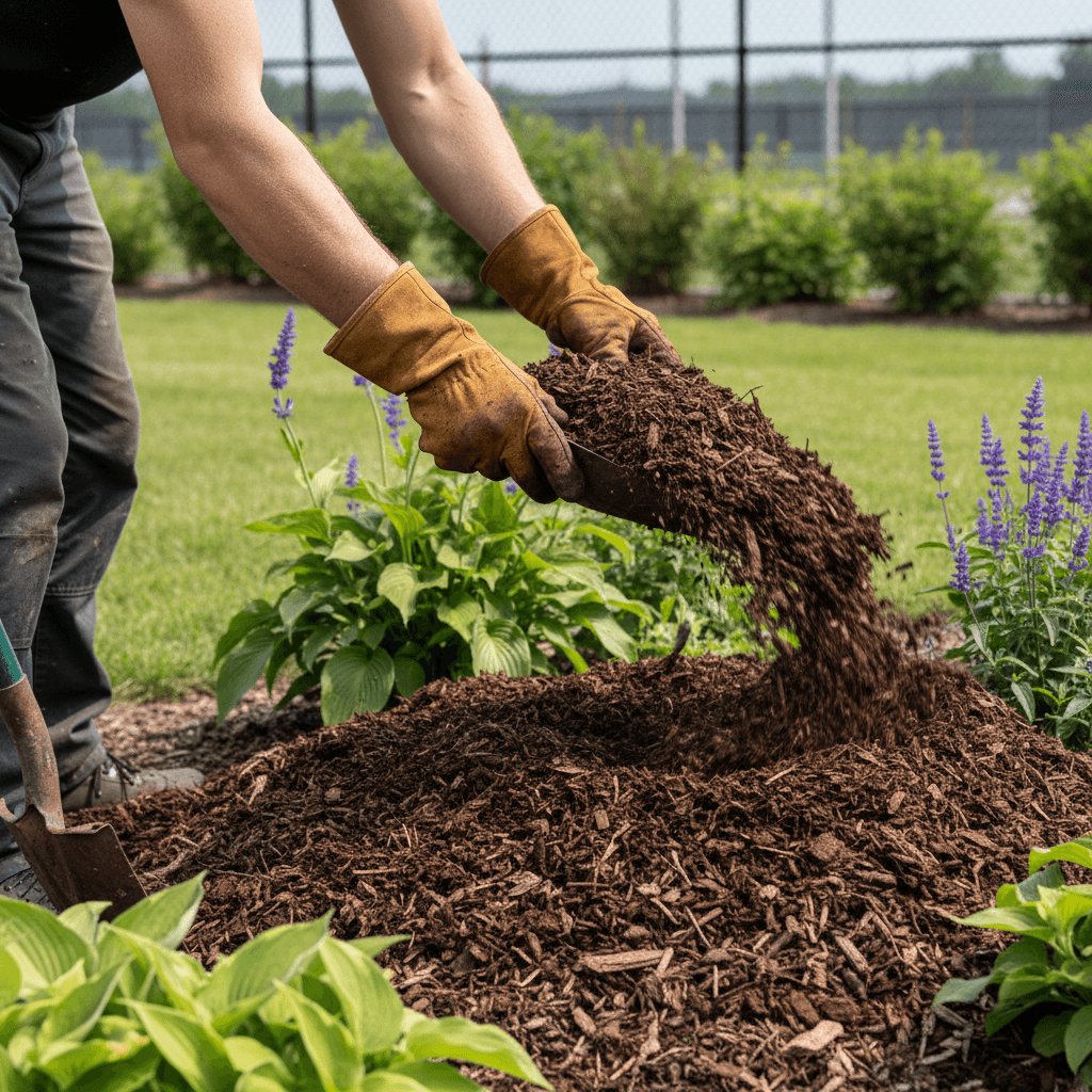 Landscaper spreading mulch around garden bed