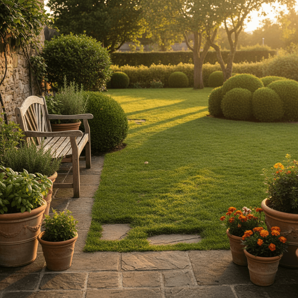 Backyard cleaned up with trimmed shrubs and neat lawn