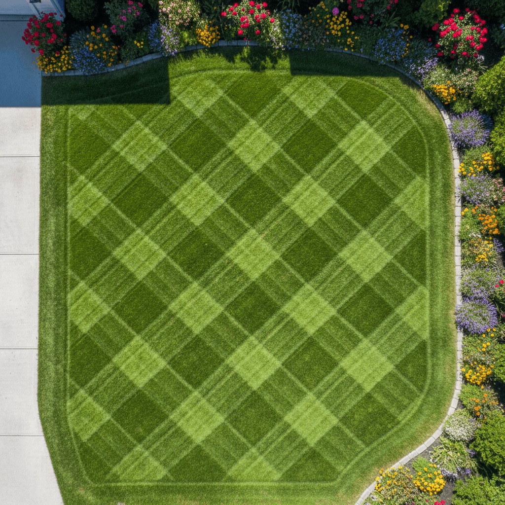 Overhead of a manicured lawn with a clean mowing pattern