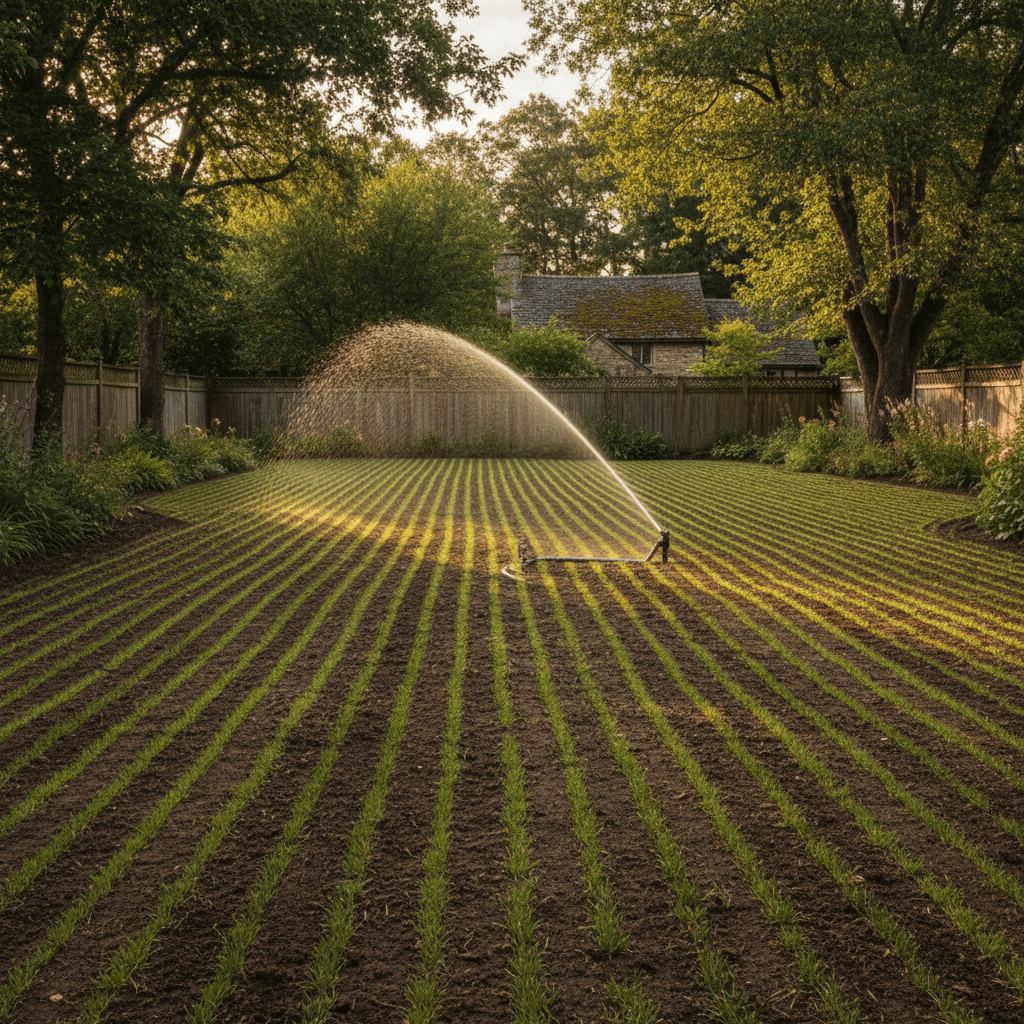 Seeded lawn area showing new grass growth in a backyard