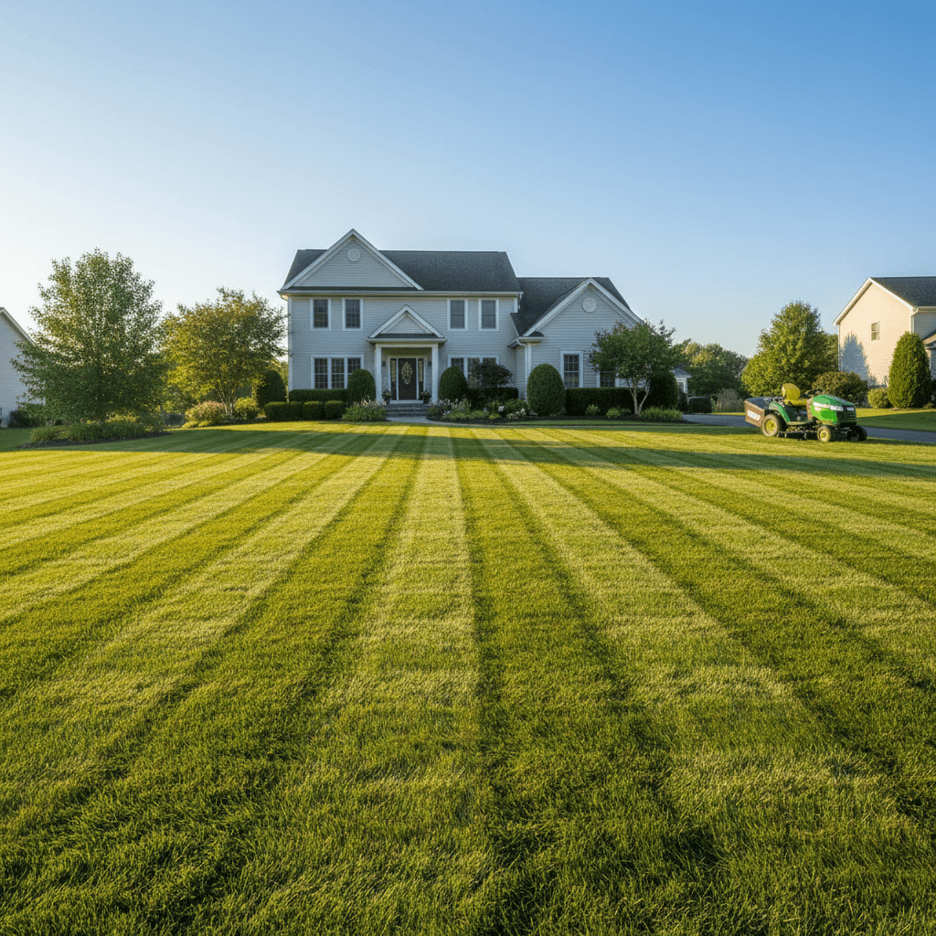 Freshly mowed lawn with neat stripes in a suburban yard