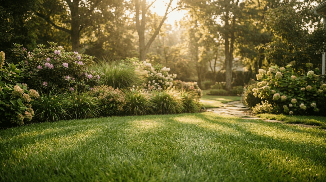 Freshly mowed lawn with mowing stripes at golden hour