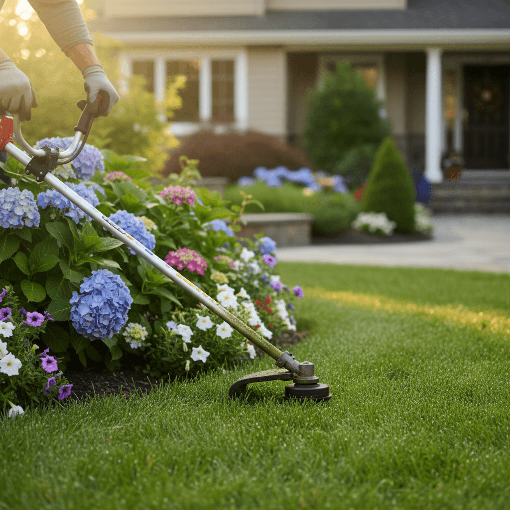 Detail shot of edging a lawn along a flower bed