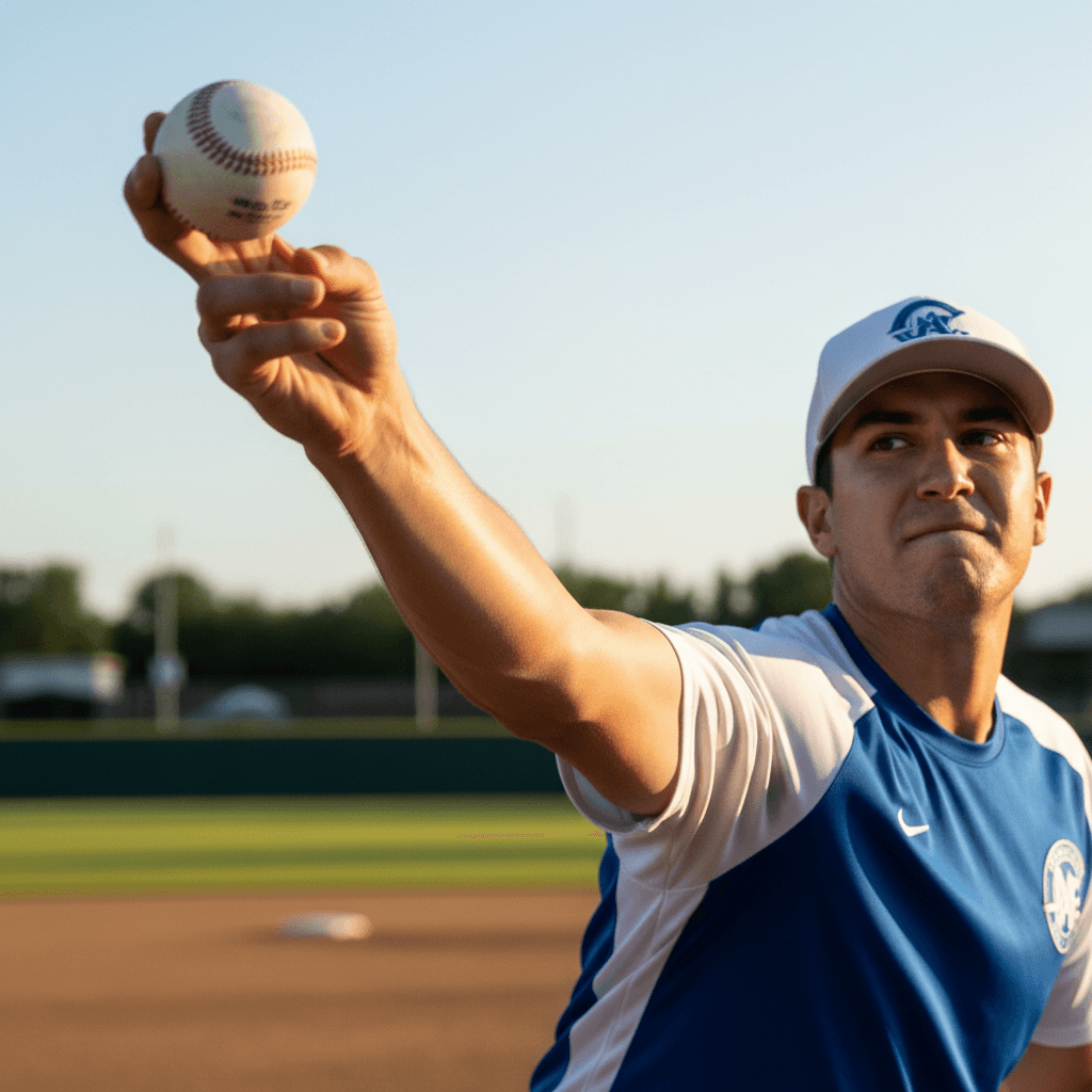 Baseball coach holding a stopwatch and glove in front of a freshly mowed lawn