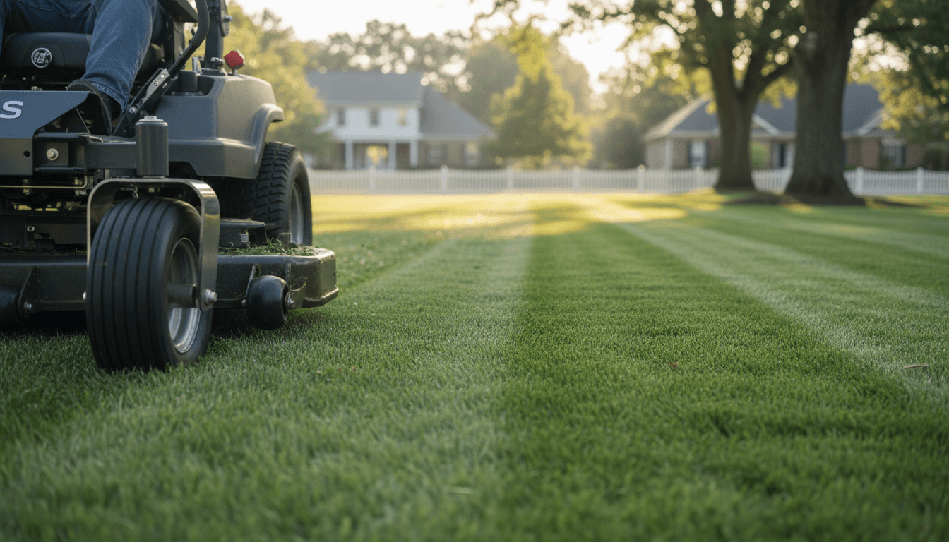 Well-maintained lawn with clean mowing stripes in a Maryville neighborhood