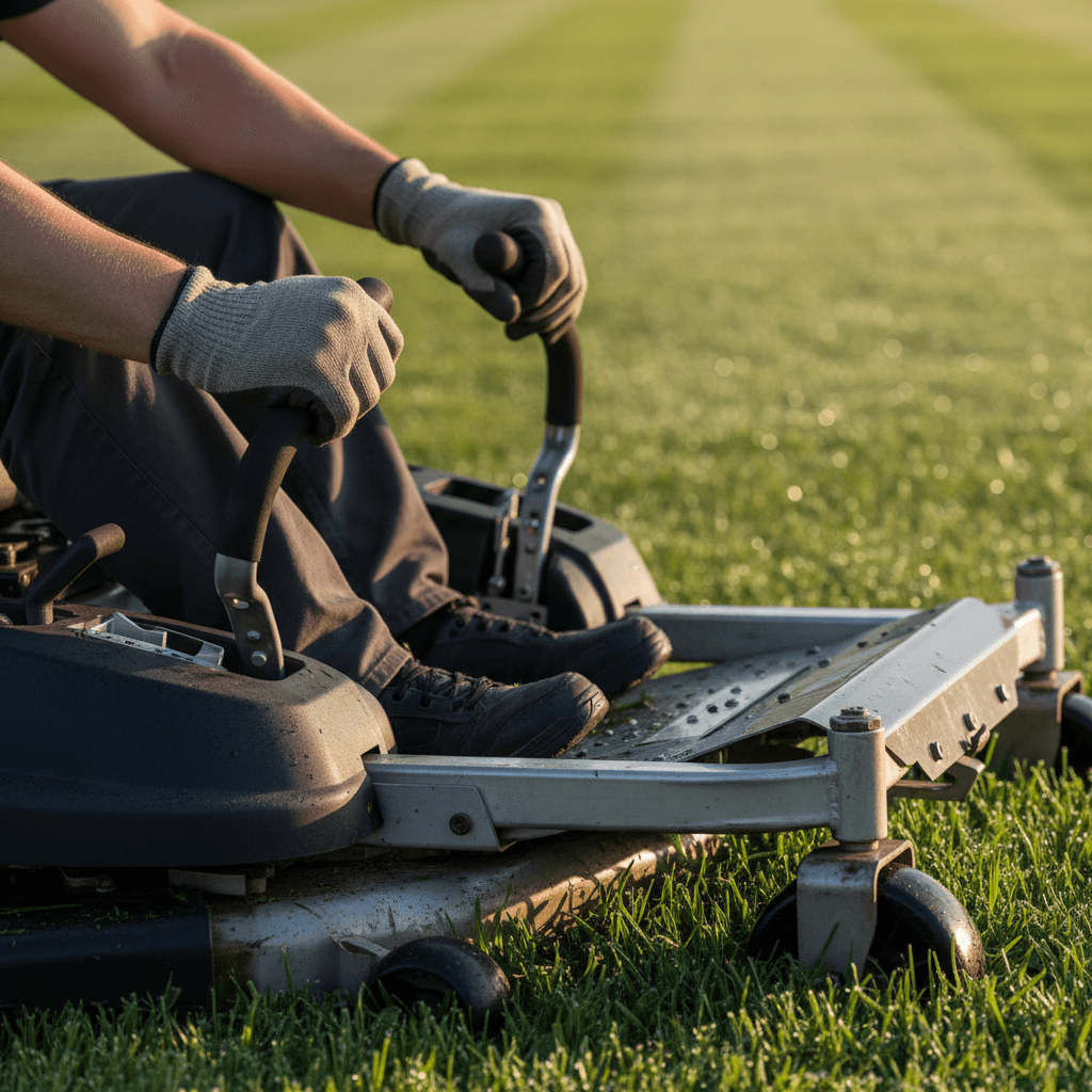 Striped lawn being mowed with a zero-turn mower