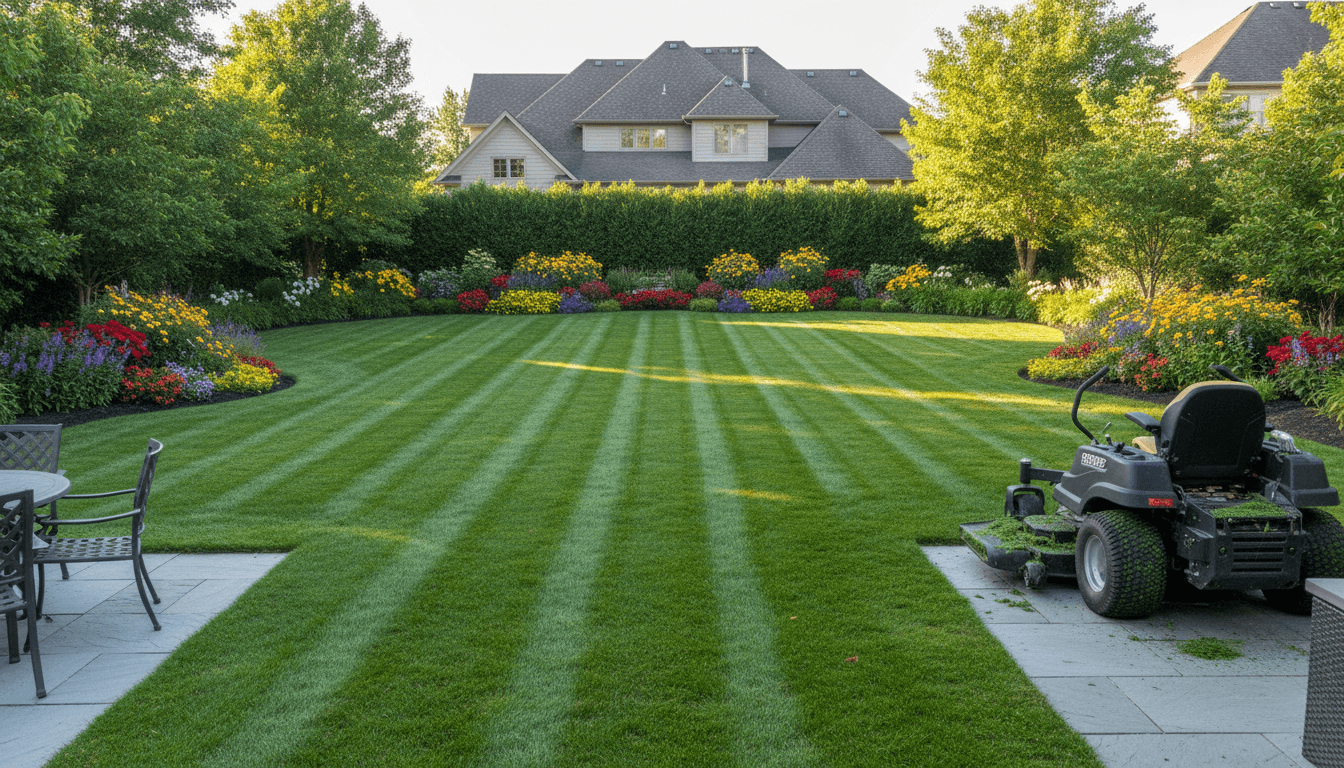 Landscaped backyard with trimmed shrubs and clean beds