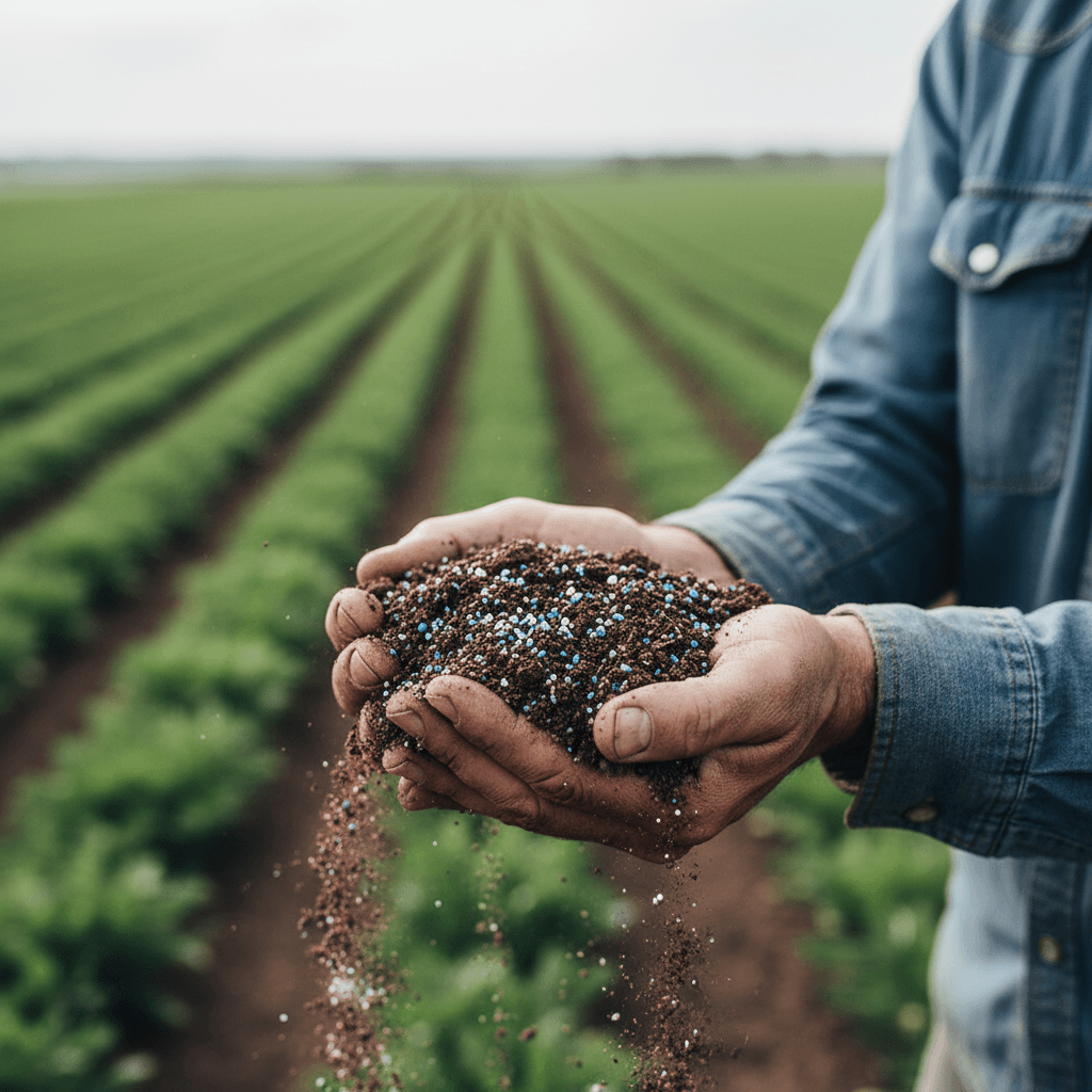 Hands filling a broadcast spreader with grass seed