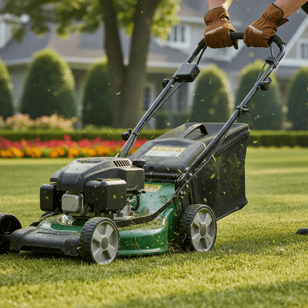Landscaper's hands adjusting a mower on a lush lawn