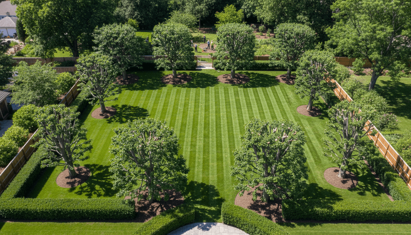 Overhead view of a lawn with clean mowing patterns
